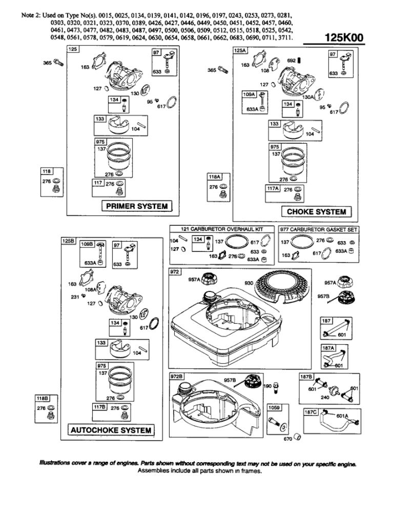 Carburetor/Fuel Tank Diagram and Parts List for 125K00 0005-3711 Briggs and Stratton Engine